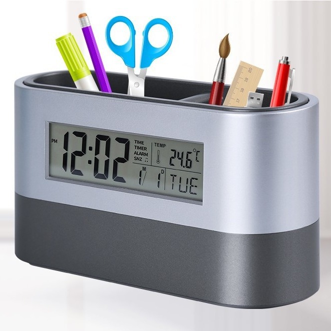 Creative Multifunctional Office Pen Holder Digital Display Electronic Clock with Temperature and Humidity for Living Room Use