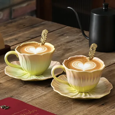 Ceramic Flower Petal Coffee Cup Set-High-End Stylish Design Creative Ceramic Cups Saucer Microwave Safe