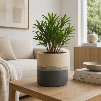 Modern Marbled Cement Flower Pot Round Planter Matte Succulent Holder Indoor Desk