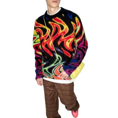 2021 Custom Logo Men's Mohair Jacquard Sweater Fashion Knitted Man Pullover Hood Autumn/Winter Anime Pattern Cotton Knitwear ODM