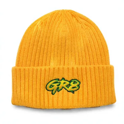 Mustard Yellow Ribbed Knit Cuffed Beanie Custom Embroidered Logo Winter Hat for Travel Outdoor Daily Wear