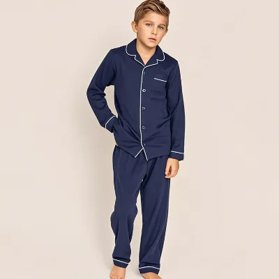 Custom Piped Cotton 2 Piece Kids Pajama Set Boys Casual Long Sleeved Autumn Sleepwear Soft Homewear Clothes