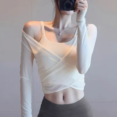Long-sleeve Camisole Built-in Bra Two-piece Set for Women Yoga Top Waist-cinching Hip-lifting Figure-flattering Pilates Workout