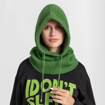 Custom New Winter Women Fleece Balaclava Hat British Solid Color Thick Knitted Scarf Hat Fashion Versatile Warm Guard Beanies