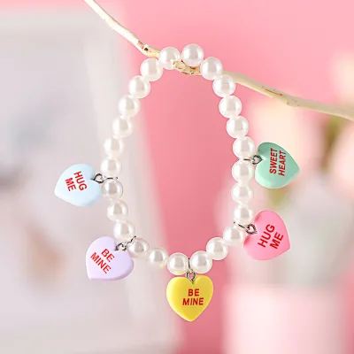 Lover Valentine's Day Heart Bangle Gift Bracelet Imitation Pearl Beaded Elastic Love Letter Bracelet Valentine's Day Gift
