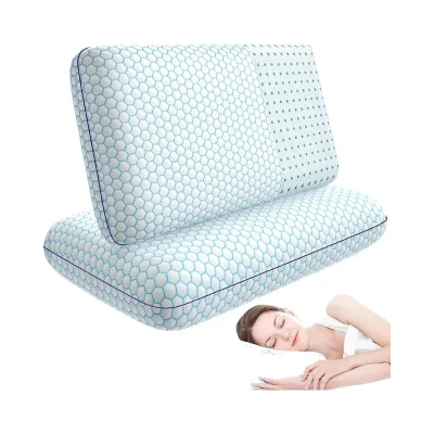 Memory Foam Bed Pillows Blue Standard Size Washable Breathable Mesh Cover for Side Back Stomach Sleepers