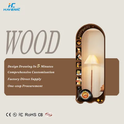 Walnut color curved frame decorative standing mirror vinyl turntable detail home entryway full body dressing mirror