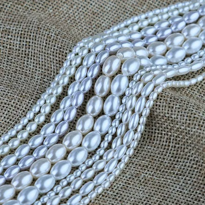 Through-Hole Oval Glass Beads Shijia  Rice Beads Rice-Shaped Pearls Shijia  Shell Pearls White Loose Beads DIY Accessories