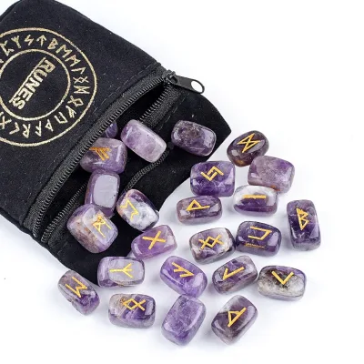 Hot Sales Natural Amethyst Norse Theme Rune Set Crystal Healing Stone Geometric Runes Carved Symbols 25 Pieces for DIY Gift