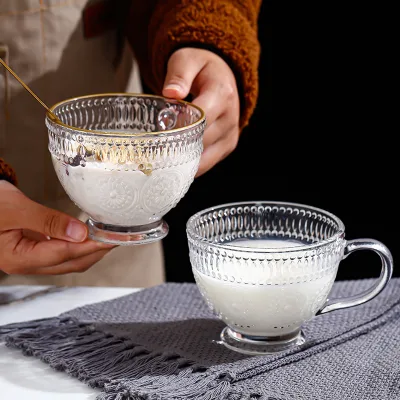 Large Capacity Sunflower Glass Cup Retro Relief Design Eco-Friendly Household Drinkware Milk Breakfast Oatmeal Cereal