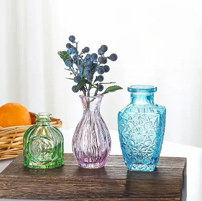 Vintage Embossed Colored Glass Bud Vase, Decorative Glass Flower Vase, Centerpiece Mini Glass Vase for Home Wedding Decor