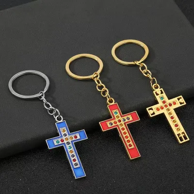 Religious Rhinestone Cross Keychain, Crystal Studded Christian Keyring, Colorful Metal Crucifix Charm for Souvenir Gifts