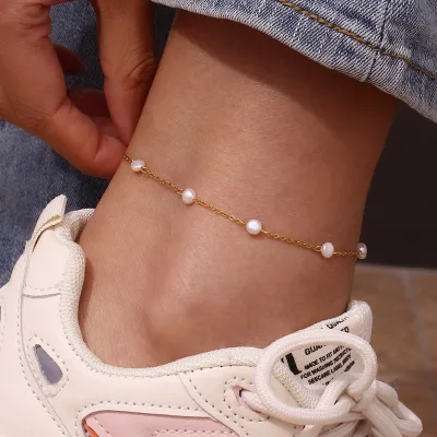 Custom Dainty Gold Chain Anklets Stainless Steel Bohemian Waterproof Freshwater Pearl Anklet Non Tarnish Jewelry for Gifts