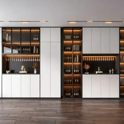 Sleek Symmetrical Custom Wine Cabinet Fluted Back Panel Multi Layer Glass Showcase Home Dining Bar Unit
