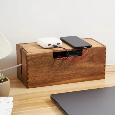 Wooden Cord Hider & Organizer for Power Strip, Electrical Hiding, Floor Cables - Office Under Desk Cable Storage Box for Wire
