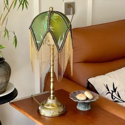 Tassel Table Lamp Retro Fabric Bedside Lamp Premium Classic Victorian Style Nightstand Lamp with Beaded Fringe Trim