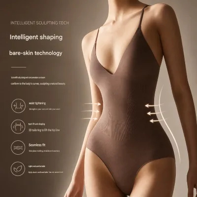Cnshell Deep V Neck Tummy Control Seamless Bodysuit Soft Adjustable Strap Dance Clothes Women Hip up Tight Feel