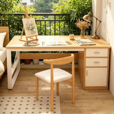 Brilliant Br04 Reinforced Metal Frame Wood Computer Desk with Side Cabinet Multi-Purpose Writing Table for Home/Office Use
