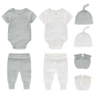 Kiddiezoom Newborn Summer Casual Robe Suit 100% Cotton Anti-Scratch Gloves Pacifier Cap Triangle Bag Fart Clothes Pure Color