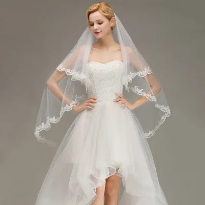 Wholesale White Double Ribbon Hem Center Cascade Bridal Wedding Veil With Comb