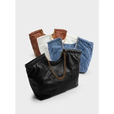 OEM fashion pu quilted tote bag woman handbag with metal chain handles