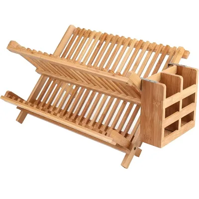 Bamboo Collapsible Dish Drainer with Utensil Holder Foldable Dish Drying Rack Plate Holder Home Organizer Kitchen