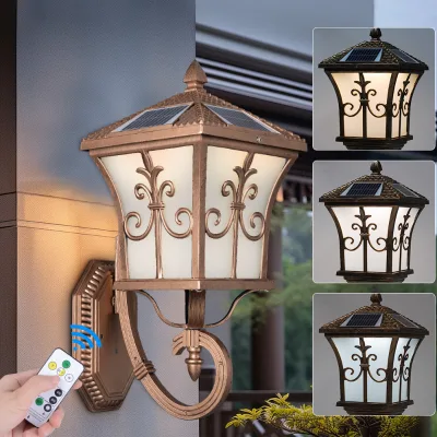 Vintage Solar Wall Lamp E27 Replaceable Bulb 3Color IP65 Waterproof Porch Light Remote Villa Exterior Sconce 2200mAh Battery