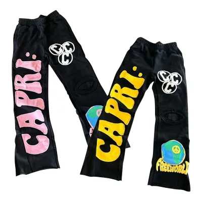 Oem Hevayweight 100% Cotton Flared Sweatpants Men Custom Embroidered Applique Patched Open Bottom Wide Leg Sweatpants