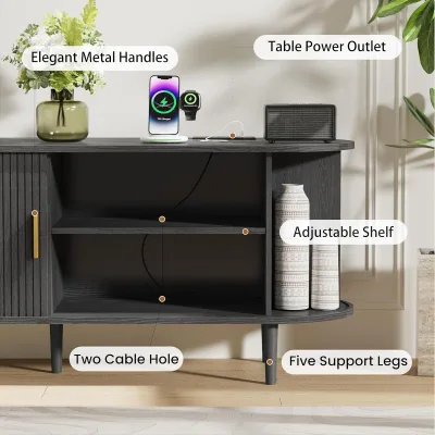 Modern Curved TV Stand Wooden Media Console with Storage