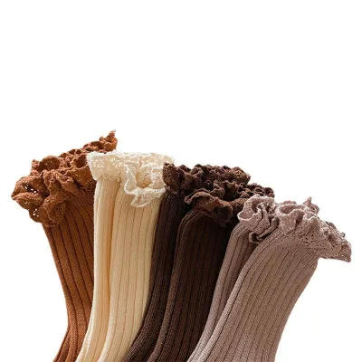 Autumn Spring Trendy Cute Lace Ruffle Socks Girls Solid Ribbed Thin Cotton Princess Socks Breathable Body Cuff Disposable