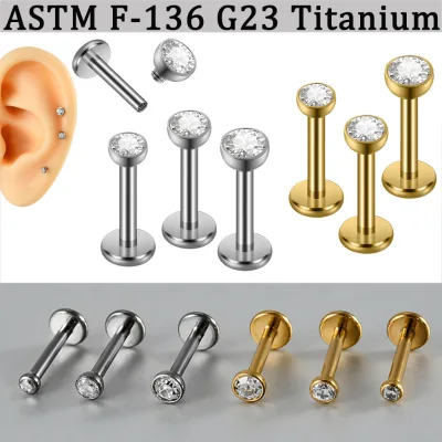 Modern Simple Style Cz Ear Piercing Earrings F136 Bezel Setting Titanium Flat Back Labret Studs 16G  Internally Threaded