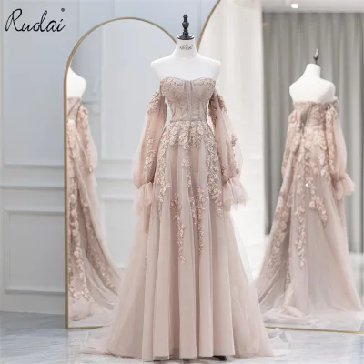 Ruolai LWC6667 Elegant Sweetheart Off-the-shoulder Long Sleeve A-line Evening Dress Appliques Party Gowns