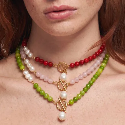 TRENDY Handmade Natural Pearl & Stone Bead Spliced Necklace Stainless Steel OT Buckle Custom Multi-Color Layering Choker Jewelry