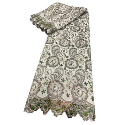 Sage Grey Neutral Tone Chiffon Embroidery Lace Fabric Paisley Flower Rhinestone Accent West African Classic Lace Fabric