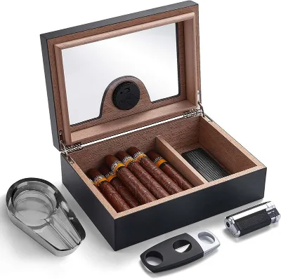 Cigar Holder Case with Glass Top Digital Hygrometer 20-25 Cigars Capacity Elegant Humidifier Box Hygrometer Gift Cigar Lovers