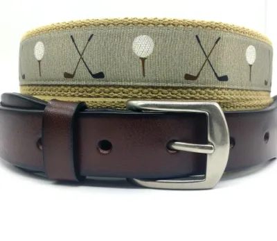 Fashion Design Genuine Leather Canvas Webbing Golf Belt Metal Buckle Connector Golf Belt for Men