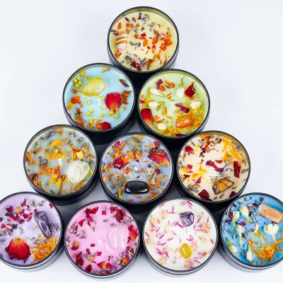 Dried Flower Decoration Fragrance Candles Custom Made Tin Jar Scented Candle Cheap Soy Wax Aromatherapy Candle