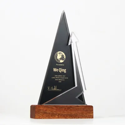 Customization Black Crystal Trophy Wooden Pedestal Business Awards Trophy Triangle Crystal Trophy