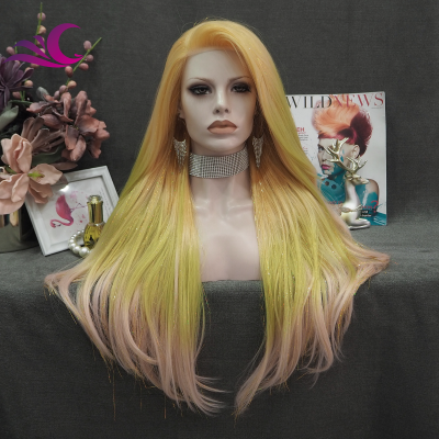 Celebrity Yellow Blue to White Ombre Color Glueless Wig Synthetic Lace Front Cosplay Weaves and Wigs for Women