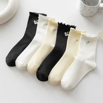 Wholesales Women'S Mid-Calf Socks Multi-Color Floral Embroidery Lotus Leaf Edge Cute Socks