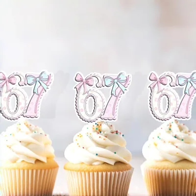 Ins style Acrylic 6 7 Sticker Set Cake Toppers with Pink BowCute Girl Cupcake Cake Decoration