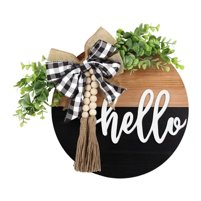 Hello Welcome Hanging Wooden Door Sign With Tassel Rustic Wood Beads for Farmhouse Porch Wall Pediments