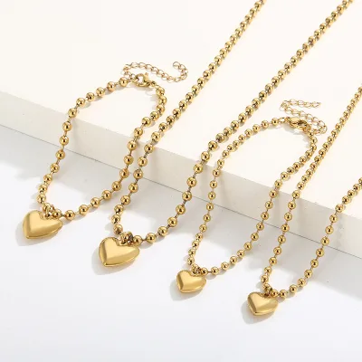 Women's Fashion Stainless Steel Gold Plated Bead Chain Love Heart Pendant Necklace Bracelet Set for Wedding and Party Jewelry