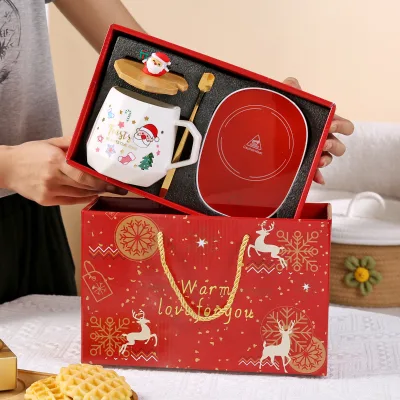 New Christmas Ceramic Mug Gift Set Cross Border New Year Gift Santa Claus Office Coffee Cup New Year Gift for Kids Box Set