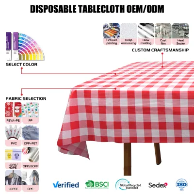 Factory Custom Printing Logo Large Catering Disposable Plastic Rectangle Table Cover Patio Party Elastic Waterproof Tablecloths