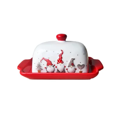 Custom Christmas Decal Ceramic Porcelain White Butter Dish Plate with Lid