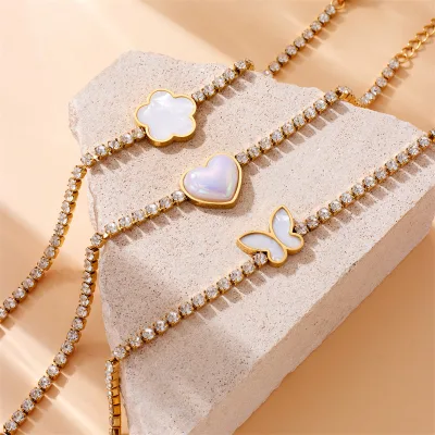 Fashion Heart Full Diamond Tennis Bracelet 18K Gold Plated Flower Butterfly Titanium Steel Bracelet