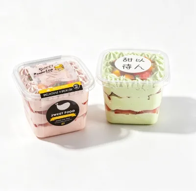 Wholesale Disposable Transparent PET Square Plastic Cups Boxes with Lid for Bakery Cake Juice Fruit Pudding Ice Cream Mousses