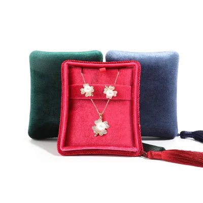 Custom logo Multi-function Flannelette Velvet High Grade Flannelette Blue Green Jewelry Storage Box with Tassel