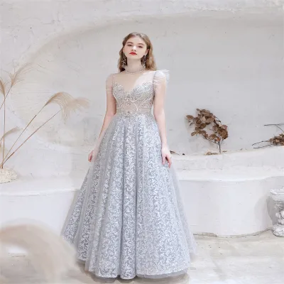 Modern A-line Women Evening Dress High-neck Crystal Shiny Lace Party Dress